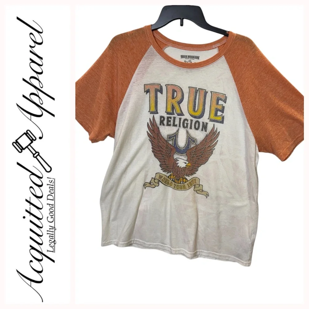 True Religion World Tour Orange and Tan Raglan Tee XXL